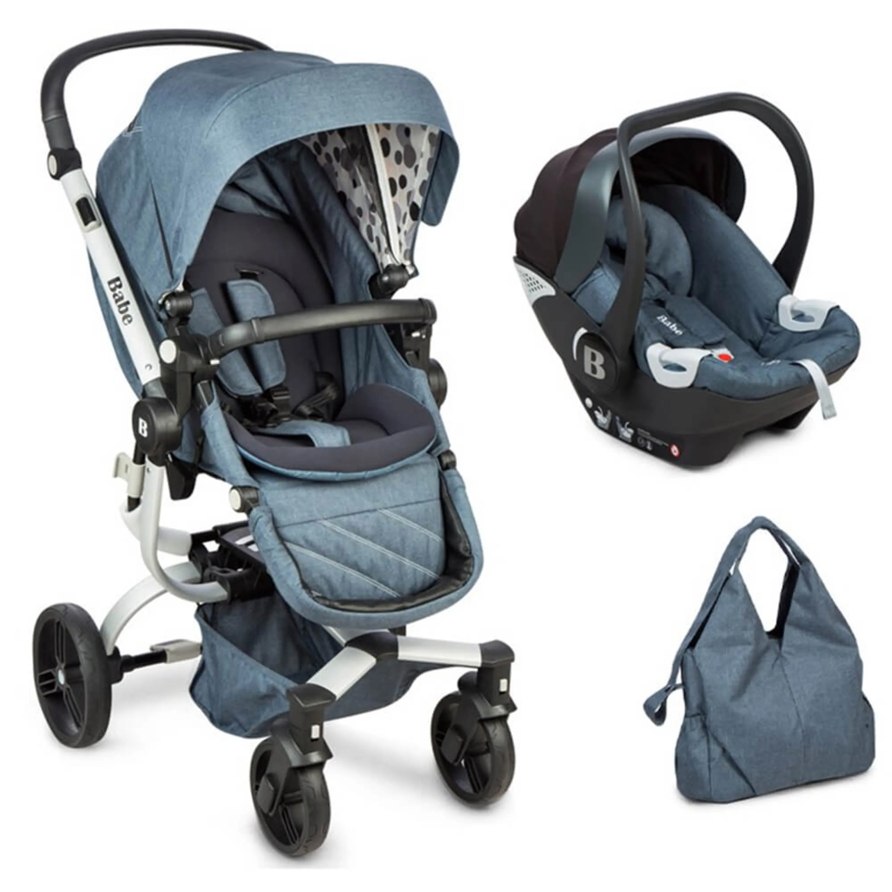 ست کالسکه سه تیکه ی رنگ آبی جین بیب Babe ست کالسکه سه تیکه ی رنگ آبی جین بیب Babe